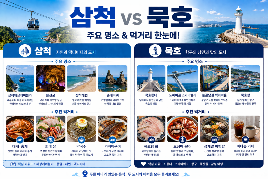 삼척 묵호의 주요 명소와 먹거리를 정리한 요약 이미지