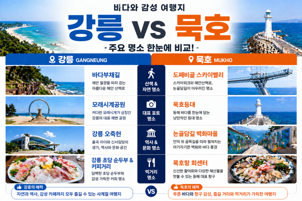 강릉과 묵호의 주요 명소를 비교 정리한 인포그래픽 이미지
