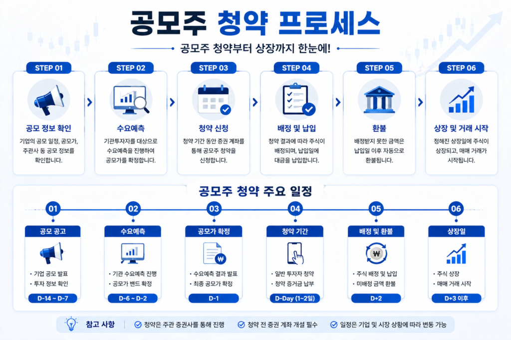 공모주 청약 프로세스와 주요 일정을 설명하는 흐름도 이미지
