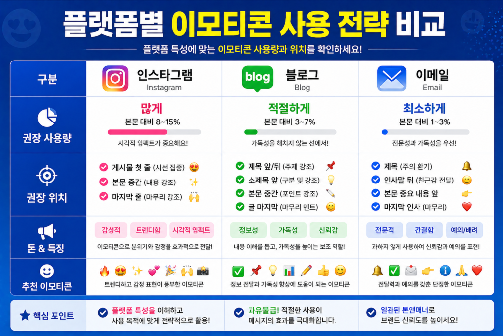 플랫폼별(인스타 vs 블로그 vs 메일) 권장 이모티콘 사용량과 위치 비교 표 이미지