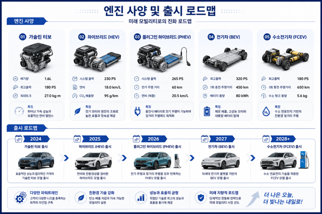 엔진 사양 및 출시 로드맵을 시각화한 인포그래픽 이미지