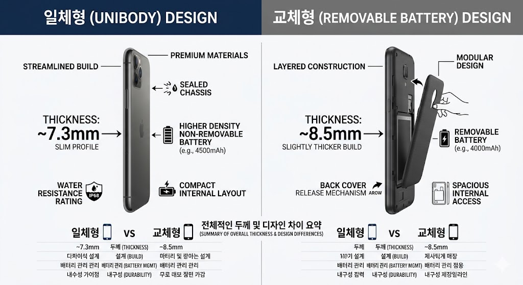 일체형과 교체형의 디자인 및 두께 차이를 보여주는 비교 이미지
