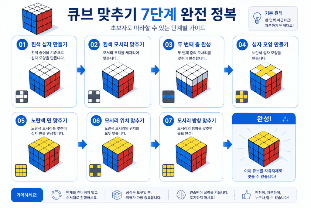큐브를 맞추는 1단계부터 7단계까지의 흐름을 보여주는 인포그래픽