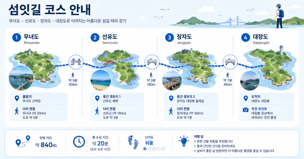 무녀도-선유도-장자도-대장도로 이어지는 섬잇길 경로를 보여주는 인포그래픽