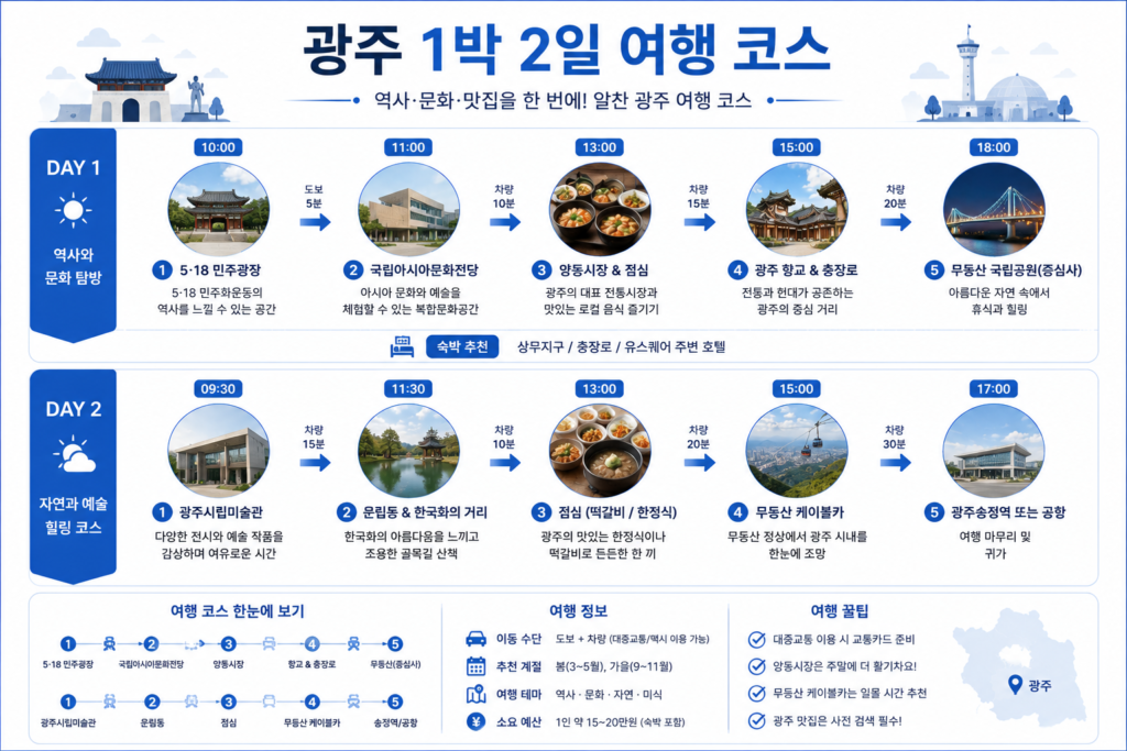 광주 주요 관광지를 연결하는 1박 2일 여행 코스 인포그래픽