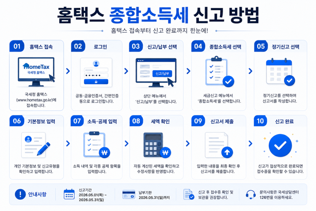 홈택스 접속부터 신고 완료까지의 과정을 보여주는 인포그래픽